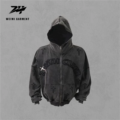Embroidery Washed Appl Zipper Up Hoodie